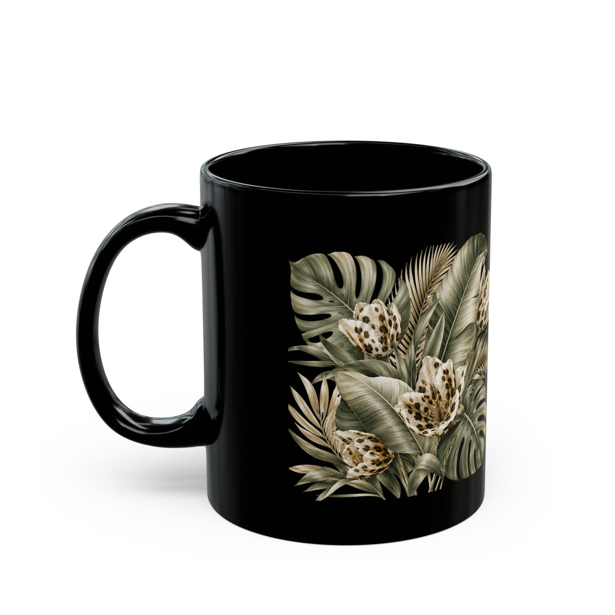 Tropical Leopard Floral Mug — Black Ceramic Coffee Cup (11oz/15oz)
