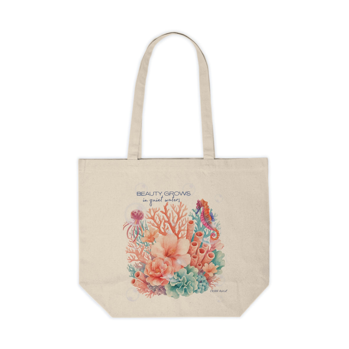 Canvas Tote — 'Beauty Grows in Quiet Waters' Floral Sea Life Market Bag