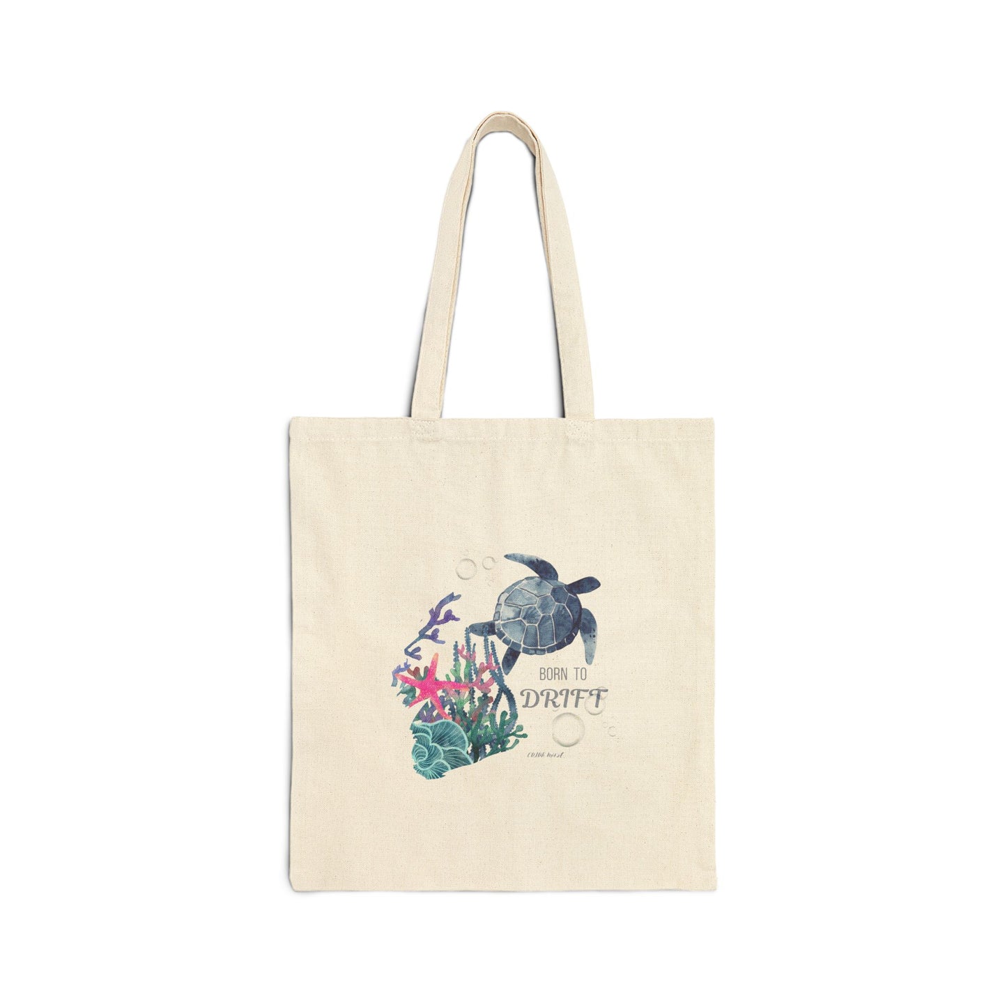 Sea Turtle & Coral Canvas Tote — Eco Beach Bag with “Let It Drift” Watercolor Design