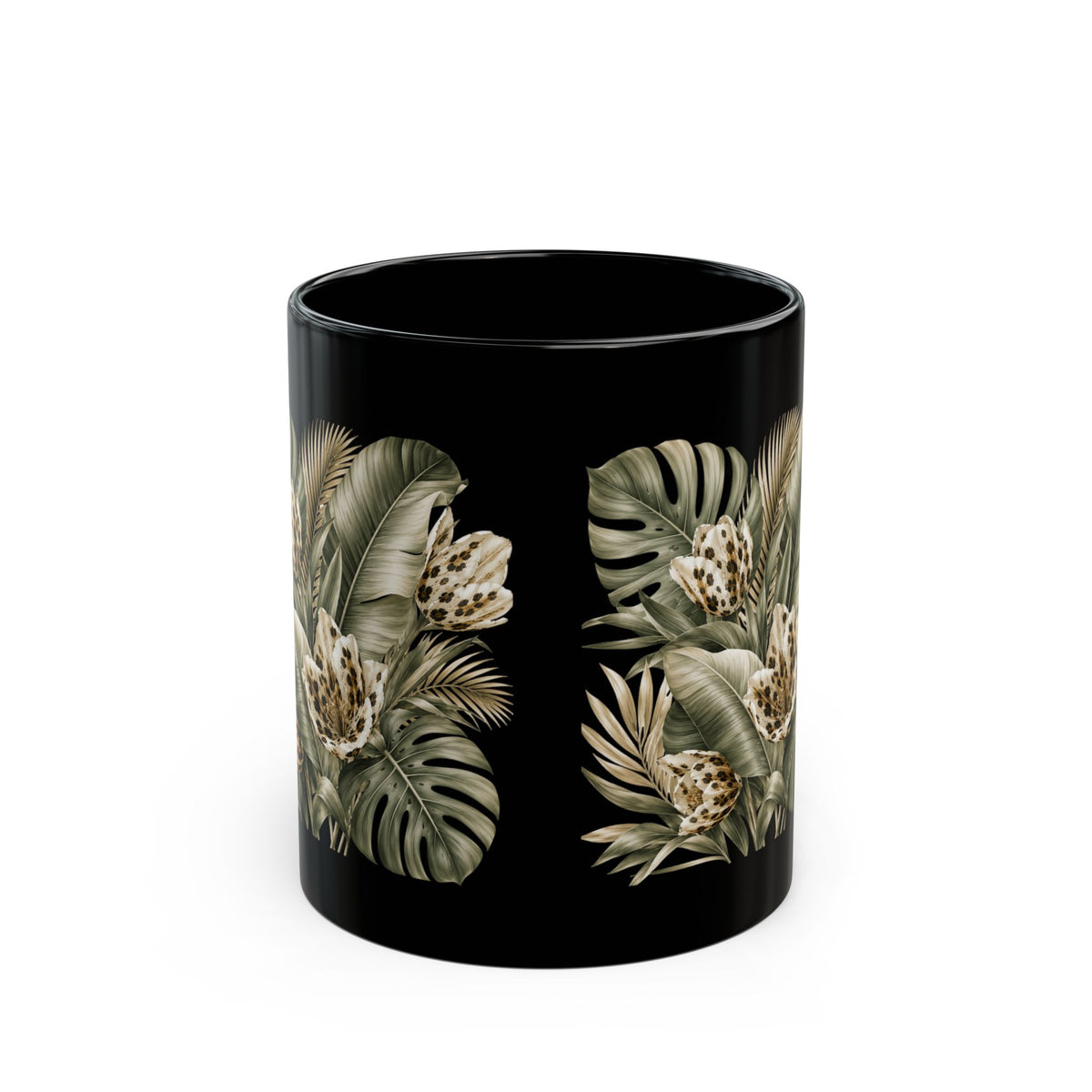 Tropical Leopard Floral Mug — Black Ceramic Coffee Cup (11oz/15oz)
