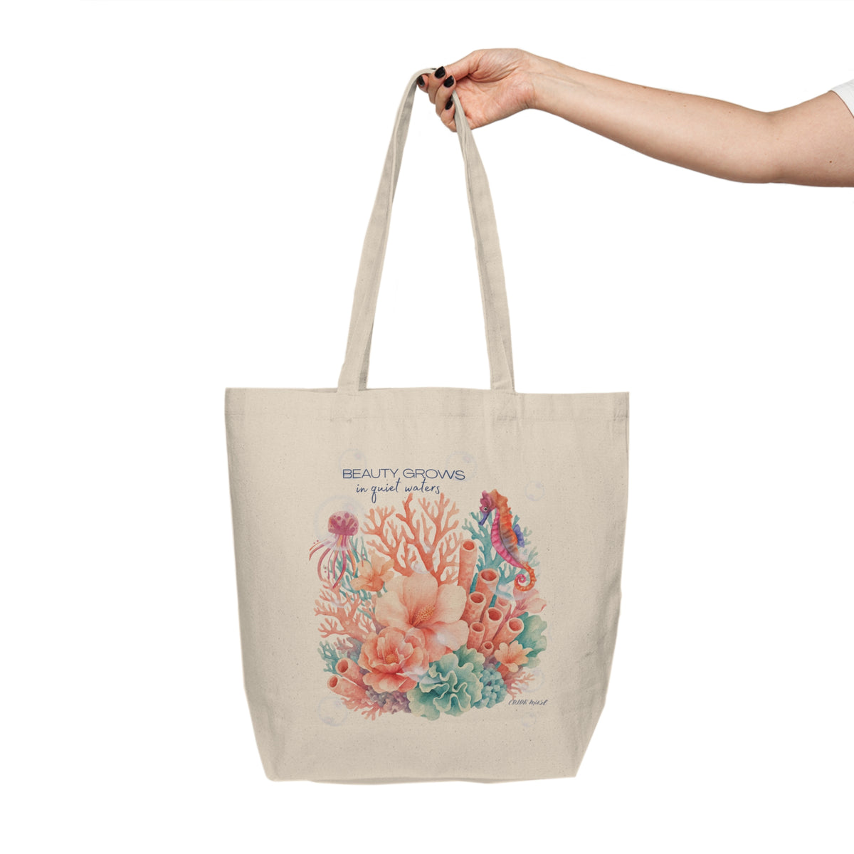 Canvas Tote — 'Beauty Grows in Quiet Waters' Floral Sea Life Market Bag