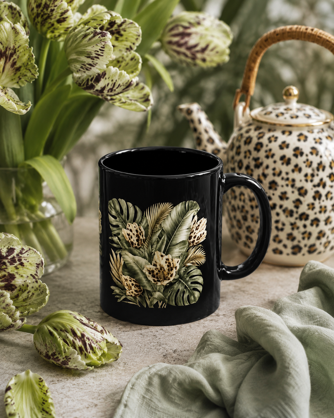 Tropical Leopard Floral Mug — Black Ceramic Coffee Cup (11oz/15oz)
