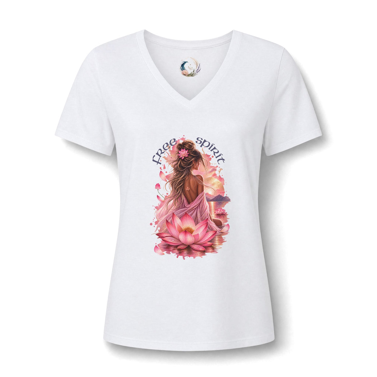 Women's V-Neck Tee — Peaceful Spirit Lotus Goddess Graphic