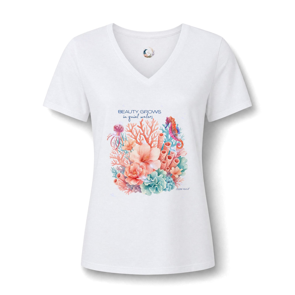 Sea Garden V-Neck Tee — 'Beauty Begins in Your Heart' Floral Mermaid Coral T-Shirt