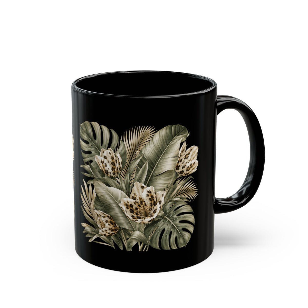 Tropical Leopard Floral Mug — Black Ceramic Coffee Cup (11oz/15oz)