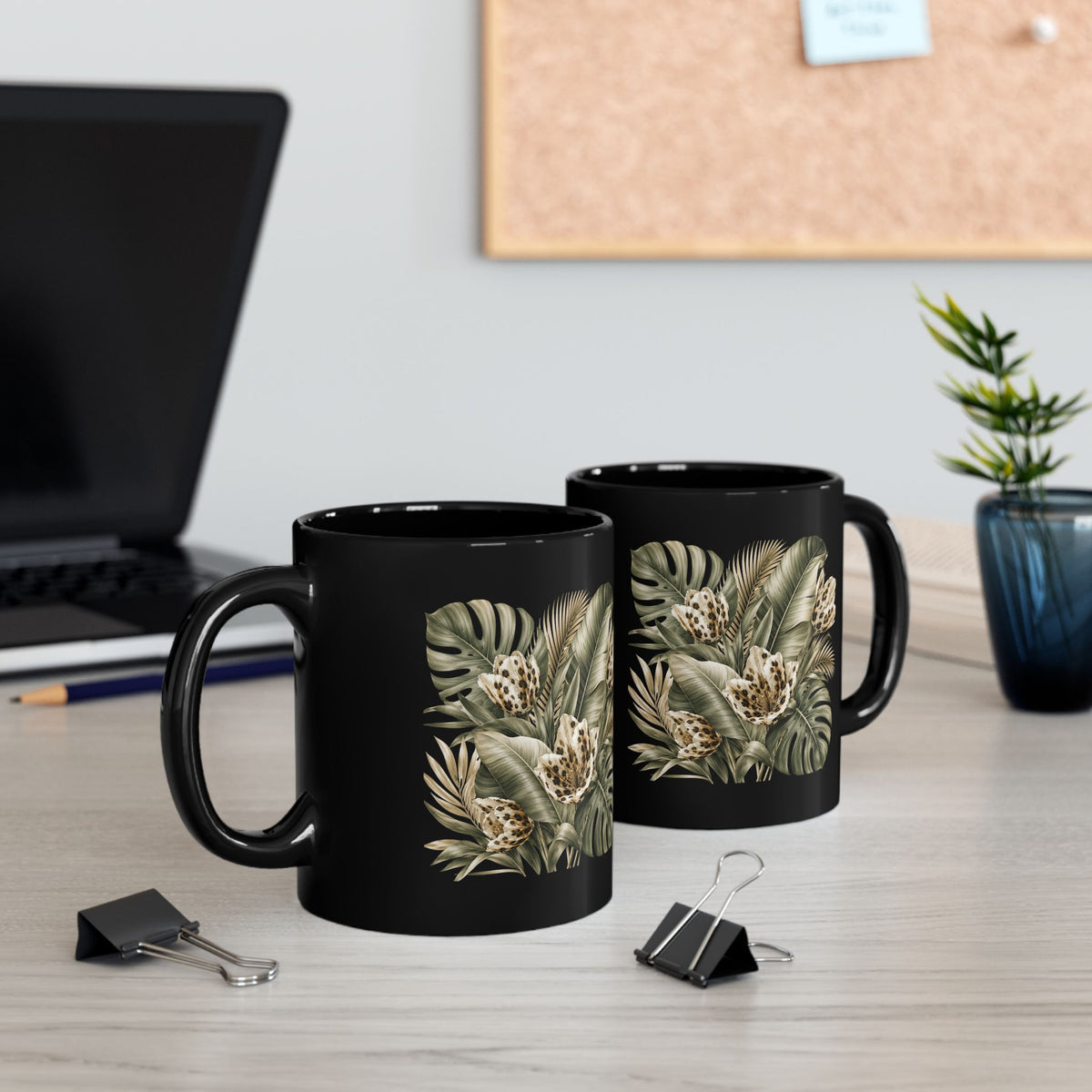 Tropical Leopard Floral Mug — Black Ceramic Coffee Cup (11oz/15oz)