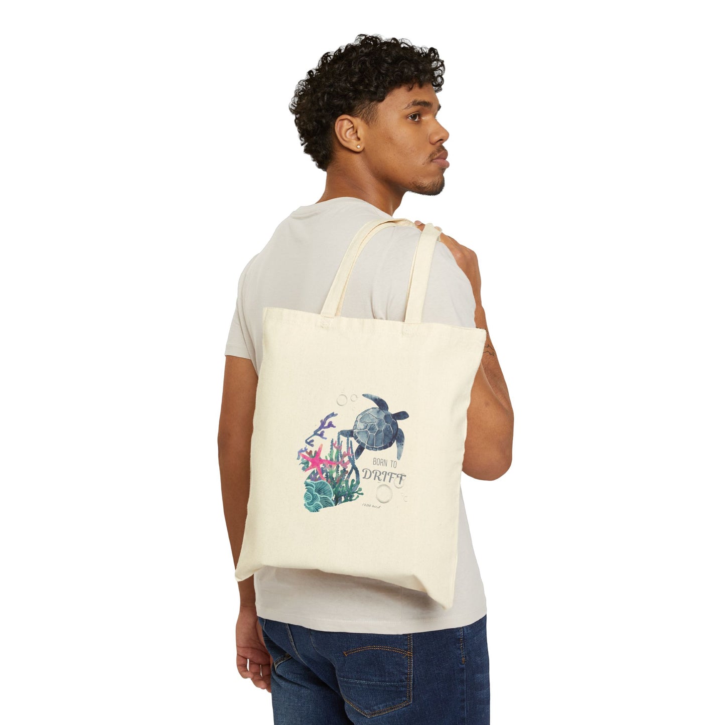 Sea Turtle & Coral Canvas Tote — Eco Beach Bag with “Let It Drift” Watercolor Design